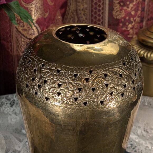 9.5" Tall Vintage Pierced Floral Design Solid Brass Vase, Handmade in India - Picture 3 of 8